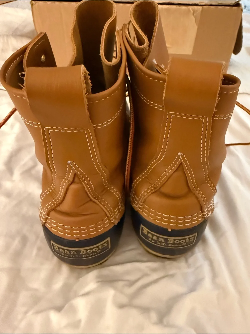 Classic Bean Boots - tan and navy duck boots in 8W